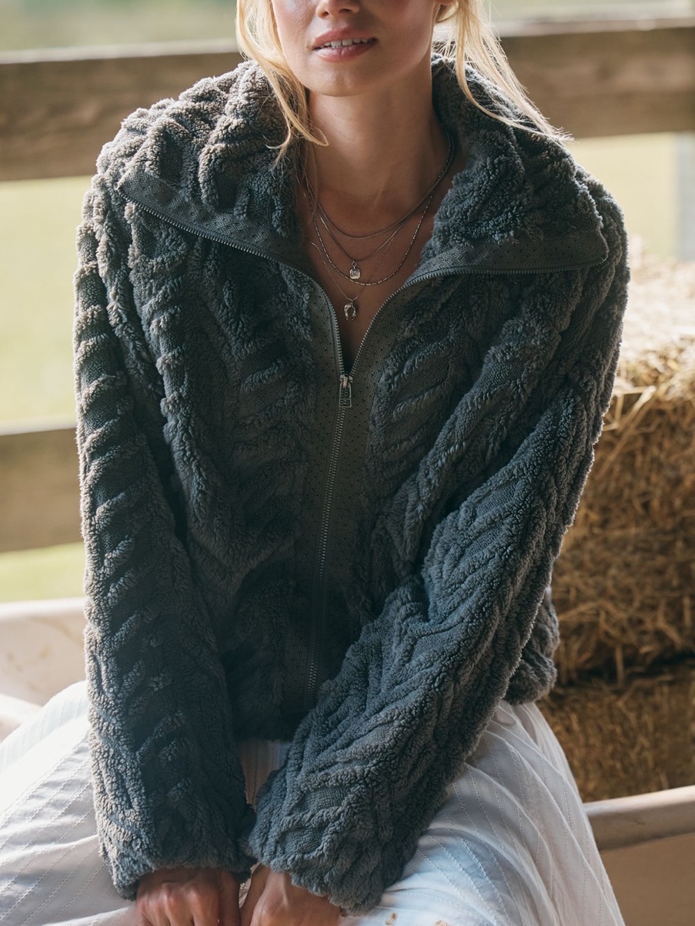 Anthropologie Textured Fuzzy Jacket Pilcro Faux Fur New XL Olive Grey - Picture 3 of 15